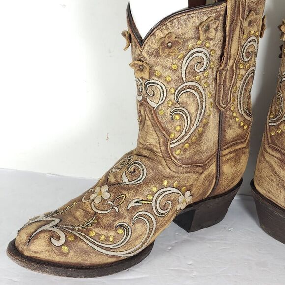 Dan Post Women’s US 6M Tan Leather Distressed Floral Embroidered Western Boots - Picture 7 of 13